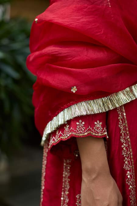 Buy_Vashisht Guru Dutt_Red , Organza Embroidery, Sequins, Beads, Kalidar Kurta And Salwar Set _Online_at_Aza_Fashions