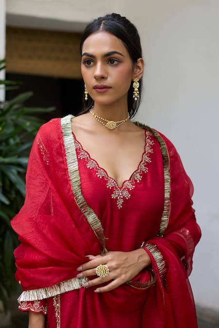 Vashisht Guru Dutt_Red , Organza Embroidery, Sequins, Beads, Kalidar Kurta And Salwar Set _at_Aza_Fashions