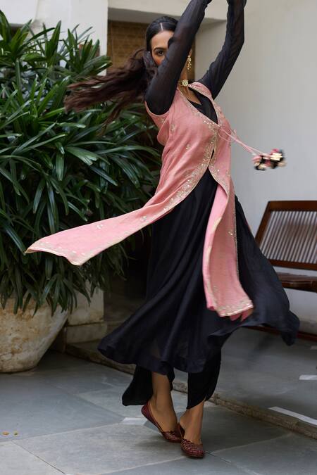 Vashisht Guru Dutt_Pink Chanderi, Cotton, Handloom Florence Embroidered Anarkali And Jacket Set _Online_at_Aza_Fashions