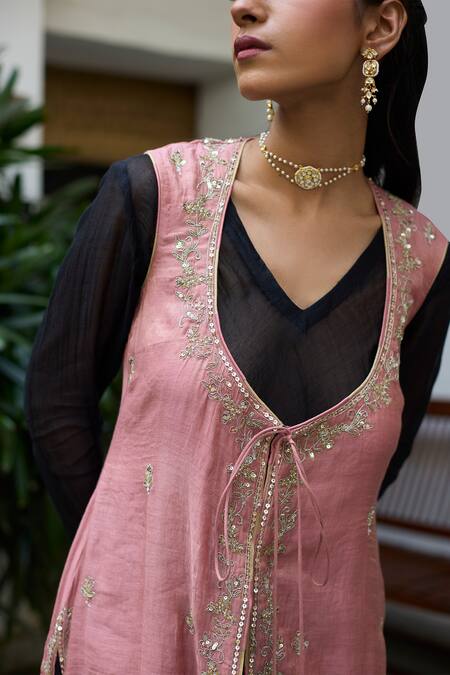 Buy_Vashisht Guru Dutt_Pink Chanderi, Cotton, Handloom Florence Embroidered Anarkali And Jacket Set _Online_at_Aza_Fashions