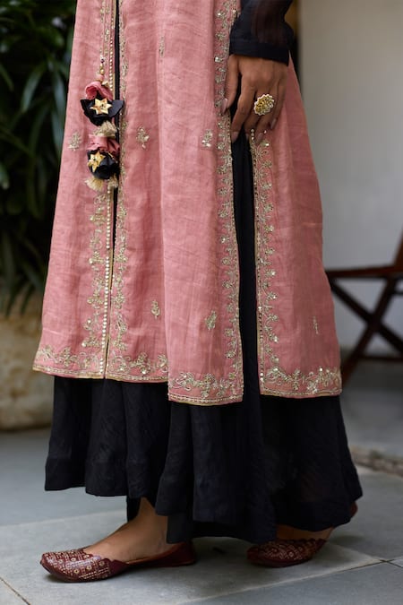 Shop_Vashisht Guru Dutt_Pink Chanderi, Cotton, Handloom Florence Embroidered Anarkali And Jacket Set _Online_at_Aza_Fashions