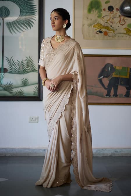 Vashisht Guru Dutt_Beige Silk, Georgette Embroidery, Sequins Bloom Cutwork Border Saree Set _Online_at_Aza_Fashions