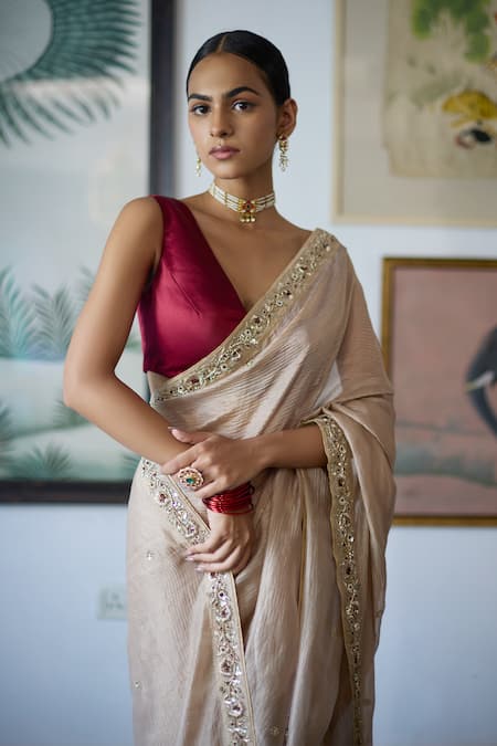 Vashisht Guru Dutt_Beige Satin, Organza Pearls, Floral Border Embroidered Crinkled Saree _Online_at_Aza_Fashions