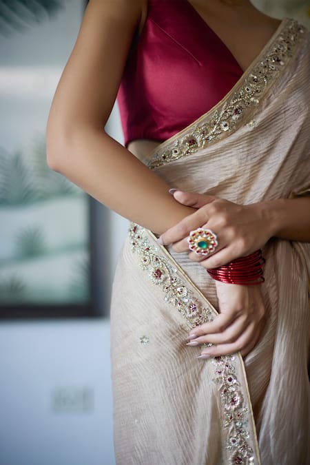 Buy_Vashisht Guru Dutt_Beige Satin, Organza Pearls, Floral Border Embroidered Crinkled Saree _Online_at_Aza_Fashions