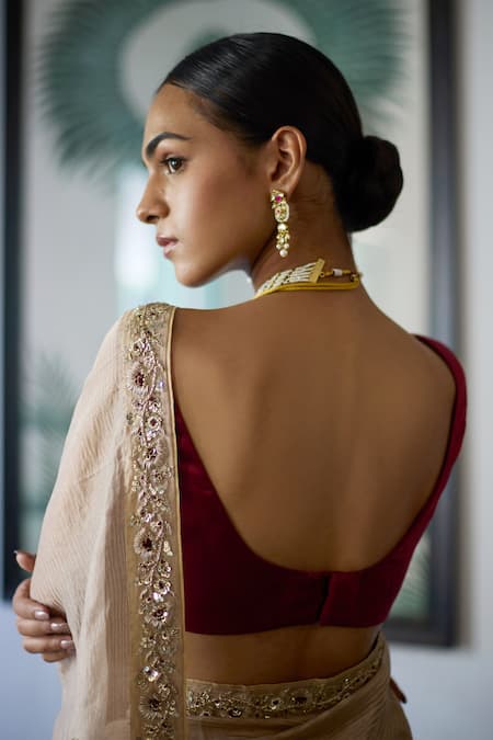 Shop_Vashisht Guru Dutt_Beige Satin, Organza Pearls, Floral Border Embroidered Crinkled Saree _Online_at_Aza_Fashions