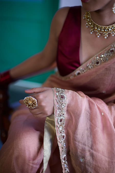 Vashisht Guru Dutt_Pink Satin, Organza, Bloom Border Embroidered Crinkled Saree Set _Online_at_Aza_Fashions