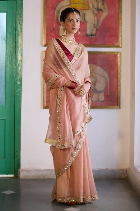 Buy_Vashisht Guru Dutt_Pink Satin, Organza, Bloom Border Embroidered Crinkled Saree Set _Online_at_Aza_Fashions
