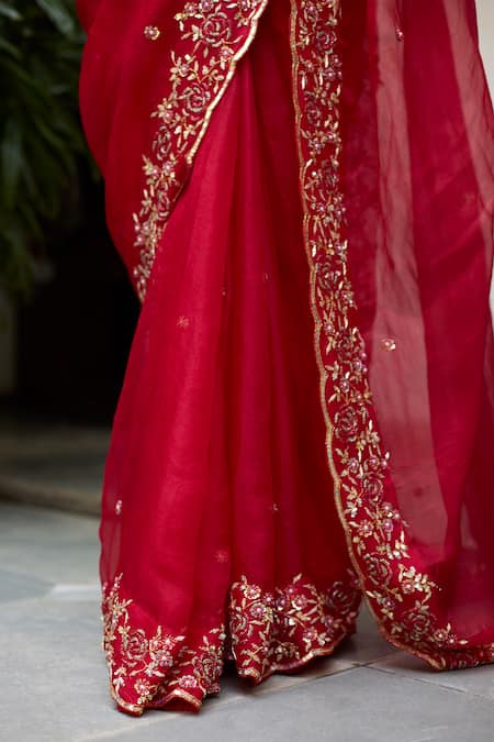 Vashisht Guru Dutt_Red Silk Organza, Muslin Cut Work, Fleur Zardozi Embroidered Saree With Blouse _Online_at_Aza_Fashions