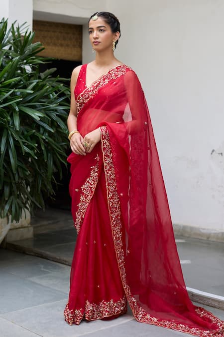 Buy_Vashisht Guru Dutt_Red Silk Organza, Muslin Cut Work, Fleur Zardozi Embroidered Saree With Blouse _Online_at_Aza_Fashions