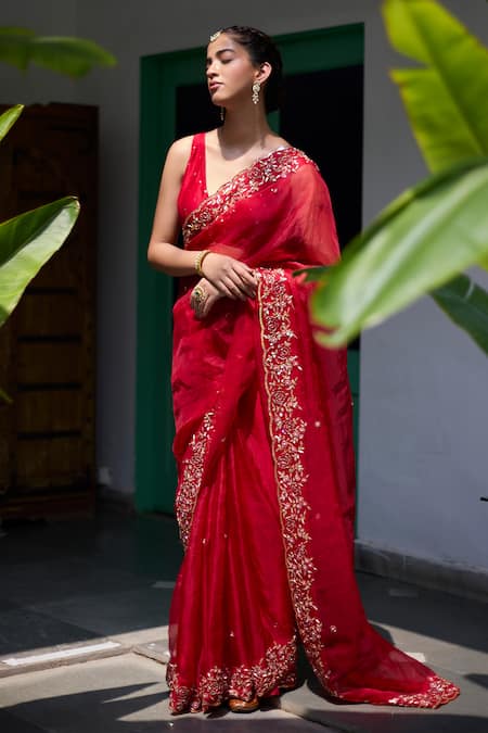 Shop_Vashisht Guru Dutt_Red Silk Organza, Muslin Cut Work, Fleur Zardozi Embroidered Saree With Blouse _Online_at_Aza_Fashions
