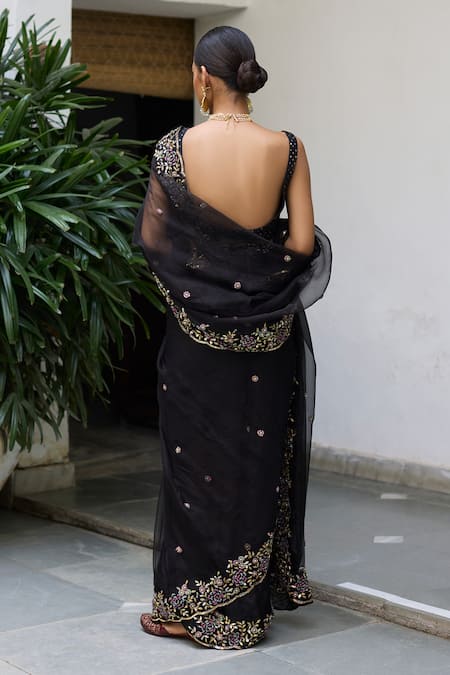 Vashisht Guru Dutt Black Blossom Zardozi Embroidered Saree Set 