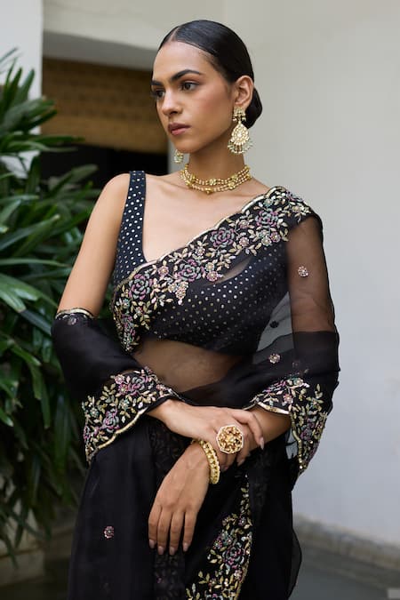 Vashisht Guru Dutt_Black Silk Organza, Muslin Zari, Sequins, Blossom Zardozi Embroidered Saree Set _Online_at_Aza_Fashions