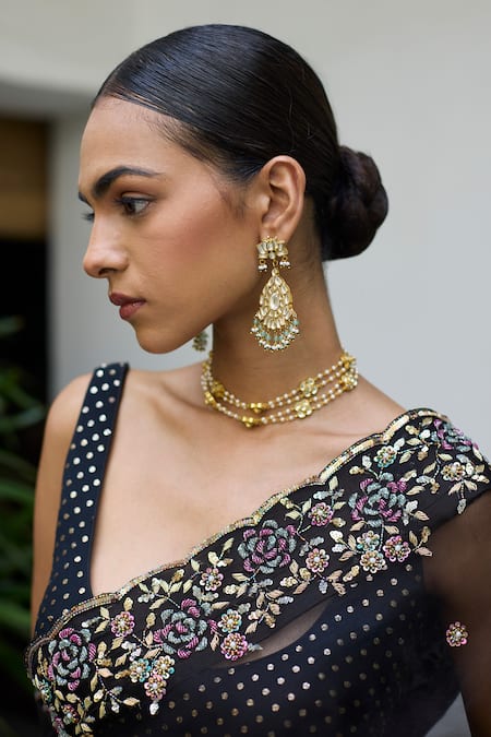 Buy_Vashisht Guru Dutt_Black Silk Organza, Muslin Zari, Sequins, Blossom Zardozi Embroidered Saree Set _Online_at_Aza_Fashions