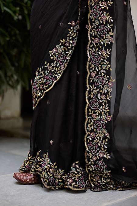 Shop_Vashisht Guru Dutt_Black Silk Organza, Muslin Zari, Sequins, Blossom Zardozi Embroidered Saree Set _Online_at_Aza_Fashions