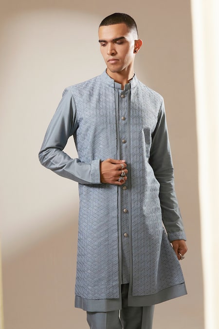 Shop Bubber Couture Blue Cotton, Silk Embroidery Geometric Aari Kurta Set Online at Aza Fashions Shop_Bubber Couture_Blue Cotton, Silk Embroidery Geometric Aari Kurta Set _Online_at_Aza_Fashions