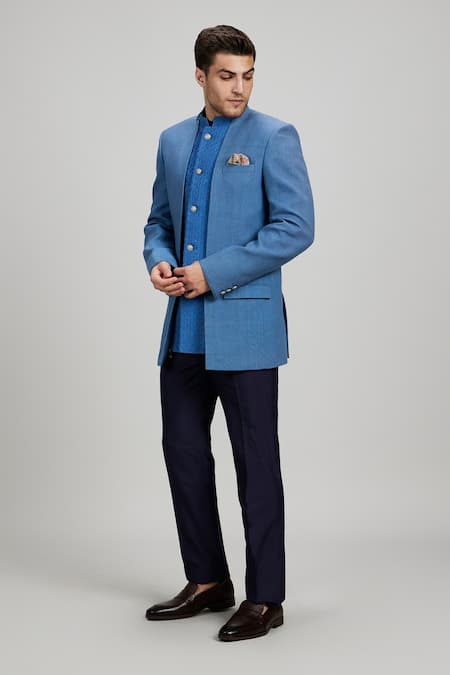 Shop Bubber Couture Blue Silk, Polyester Embroidery Ash Geometric Bandhgala Jacket at Aza Fashions Shop_Bubber Couture_Blue Silk, Polyester Embroidery Ash Geometric Bandhgala Jacket _at_Aza_Fashions
