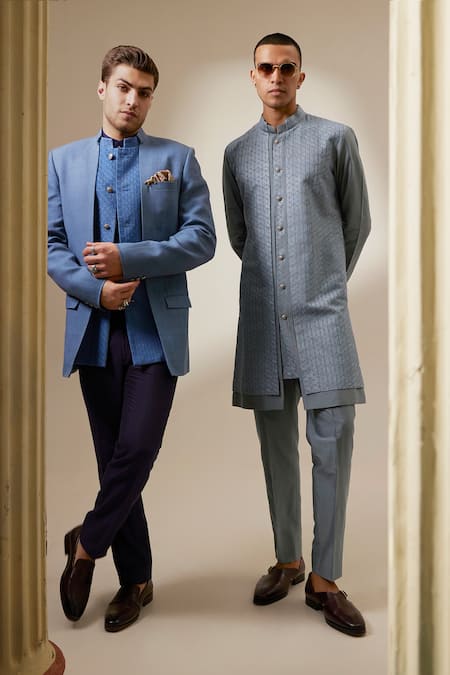 Bubber Couture Blue Silk, Polyester Embroidery Ash Geometric Bandhgala Jacket Online at Aza Fashions Bubber Couture_Blue Silk, Polyester Embroidery Ash Geometric Bandhgala Jacket _Online_at_Aza_Fashions