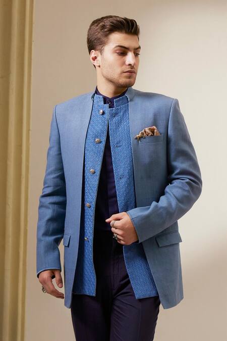 Buy Bubber Couture Blue Silk, Polyester Embroidery Ash Geometric Bandhgala Jacket Online at Aza Fashions Buy_Bubber Couture_Blue Silk, Polyester Embroidery Ash Geometric Bandhgala Jacket _Online_at_Aza_Fashions