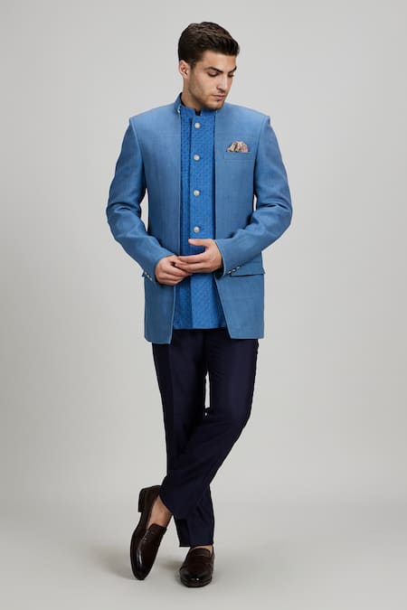 Shop Bubber Couture Blue Silk, Polyester Embroidery Ash Geometric Bandhgala Jacket Online at Aza Fashions Shop_Bubber Couture_Blue Silk, Polyester Embroidery Ash Geometric Bandhgala Jacket _Online_at_Aza_Fashions