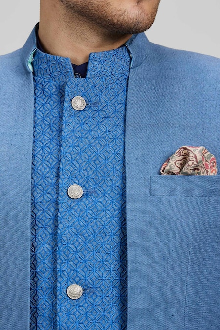 Bubber Couture Blue Silk, Polyester Embroidery Ash Geometric Bandhgala Jacket at Aza Fashions Bubber Couture_Blue Silk, Polyester Embroidery Ash Geometric Bandhgala Jacket _at_Aza_Fashions
