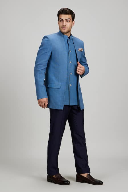 Shop Bubber Couture Blue Silk, Polyester Layered Matka Bandhgala Jacket at Aza Fashions Shop_Bubber Couture_Blue Silk, Polyester Layered Matka Bandhgala Jacket _at_Aza_Fashions