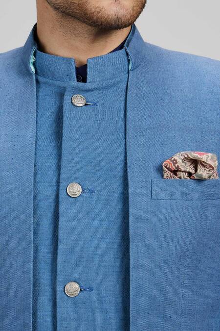 Bubber Couture Blue Silk, Polyester Layered Matka Bandhgala Jacket Online at Aza Fashions Bubber Couture_Blue Silk, Polyester Layered Matka Bandhgala Jacket _Online_at_Aza_Fashions