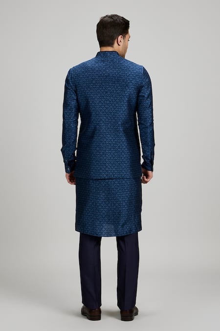 Shop_Bubber Couture_Blue Cotton, Polyester Geometric Print Sleeveless Bundi _at_Aza_Fashions