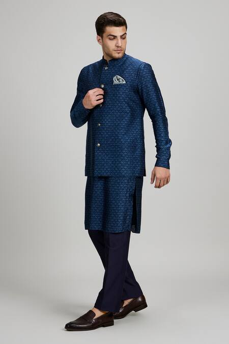 Bubber Couture_Blue Cotton, Polyester Geometric Print Sleeveless Bundi _Online_at_Aza_Fashions