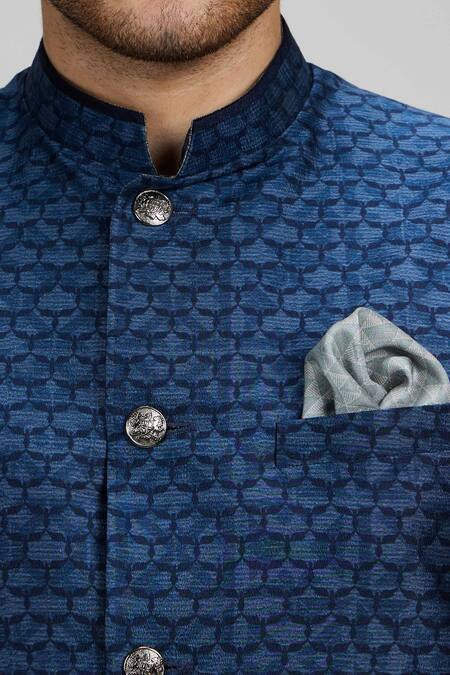 Buy_Bubber Couture_Blue Cotton, Polyester Geometric Print Sleeveless Bundi _Online_at_Aza_Fashions