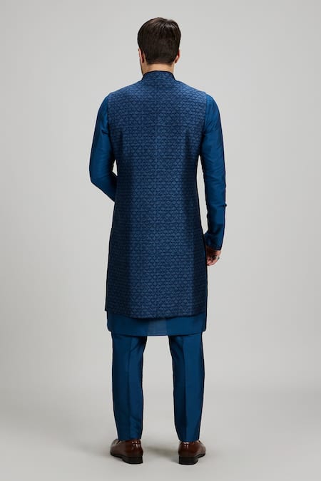 Shop_Bubber Couture_Blue Silk, Polyester Teal Geometric Print Sherwani Jacket _at_Aza_Fashions