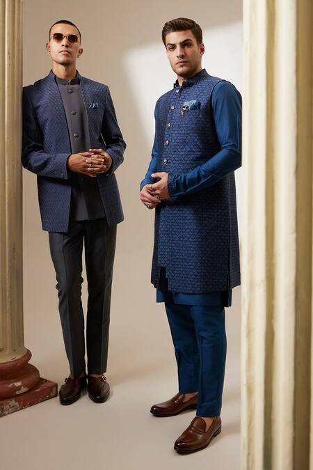 Bubber Couture_Blue Silk, Polyester Teal Geometric Print Sherwani Jacket _Online_at_Aza_Fashions