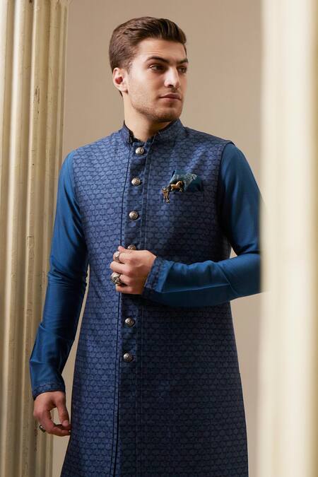 Buy_Bubber Couture_Blue Silk, Polyester Teal Geometric Print Sherwani Jacket _Online_at_Aza_Fashions