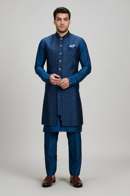 Shop_Bubber Couture_Blue Silk, Polyester Teal Geometric Print Sherwani Jacket _Online_at_Aza_Fashions