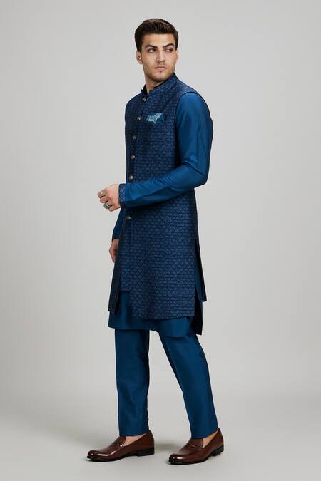 Bubber Couture_Blue Silk, Polyester Teal Geometric Print Sherwani Jacket _at_Aza_Fashions