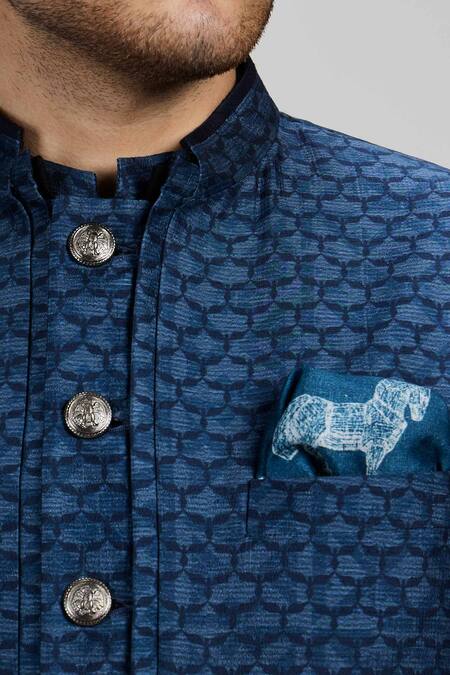 Buy_Bubber Couture_Blue Silk, Polyester Teal Geometric Print Sherwani Jacket 