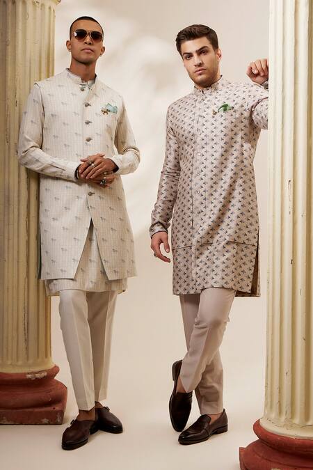 Buy_Bubber Couture_Beige , Satin Liberty Print Layered Kurta And Pant Set _Online_at_Aza_Fashions