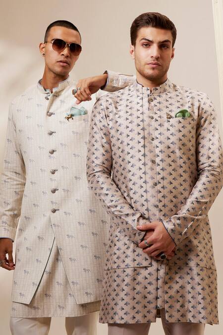 Shop_Bubber Couture_Beige , Satin Liberty Print Layered Kurta And Pant Set _Online_at_Aza_Fashions