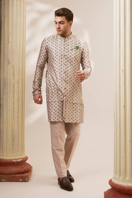 Bubber Couture_Beige , Satin Liberty Print Layered Kurta And Pant Set _at_Aza_Fashions