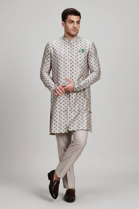 Shop_Bubber Couture_Beige , Satin Liberty Print Layered Kurta And Pant Set 