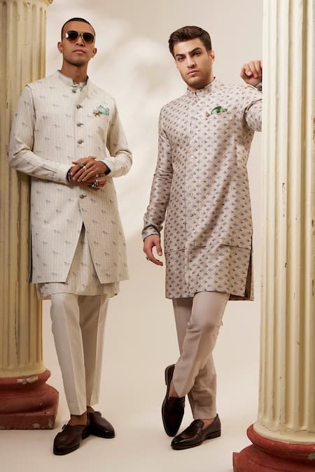 Bubber Couture_Cream Cotton, Polyester Embroidery Horse Motif Print Sherwani Jacket _Online_at_Aza_Fashions