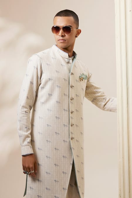 Buy_Bubber Couture_Cream Cotton, Polyester Embroidery Horse Motif Print Sherwani Jacket _Online_at_Aza_Fashions