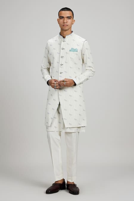 Shop_Bubber Couture_Cream Cotton, Polyester Embroidery Horse Motif Print Sherwani Jacket _Online_at_Aza_Fashions