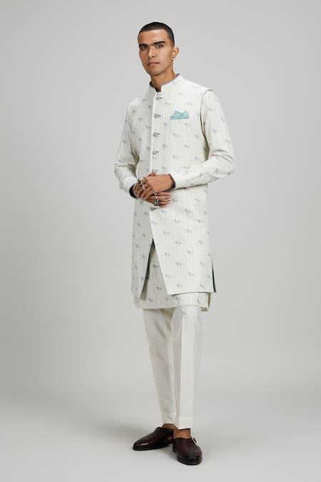 Bubber Couture_Cream Cotton, Polyester Embroidery Horse Motif Print Sherwani Jacket _at_Aza_Fashions