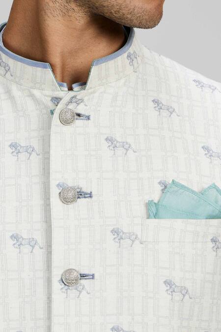 Buy_Bubber Couture_Cream Cotton, Polyester Embroidery Horse Motif Print Sherwani Jacket 