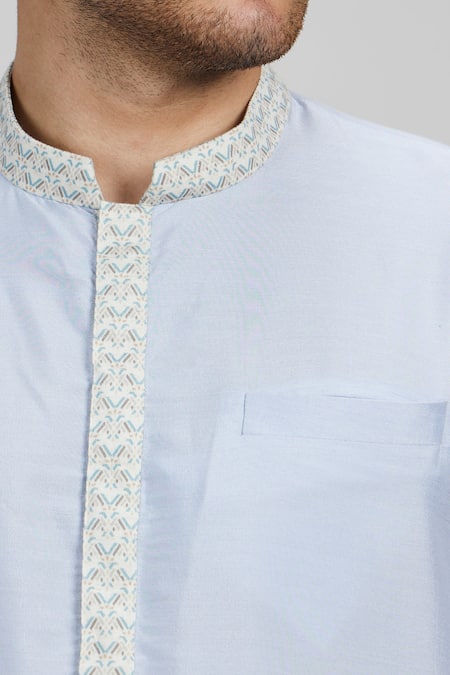 Shop Bubber Couture Blue Cotton, Silk Ash Dashiki Collar Kurta Set Online at Aza Fashions Shop_Bubber Couture_Blue Cotton, Silk Ash Dashiki Collar Kurta Set _Online_at_Aza_Fashions