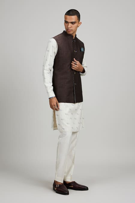 Bubber Couture_Brown Linen Plain Textured Bundi _Online_at_Aza_Fashions