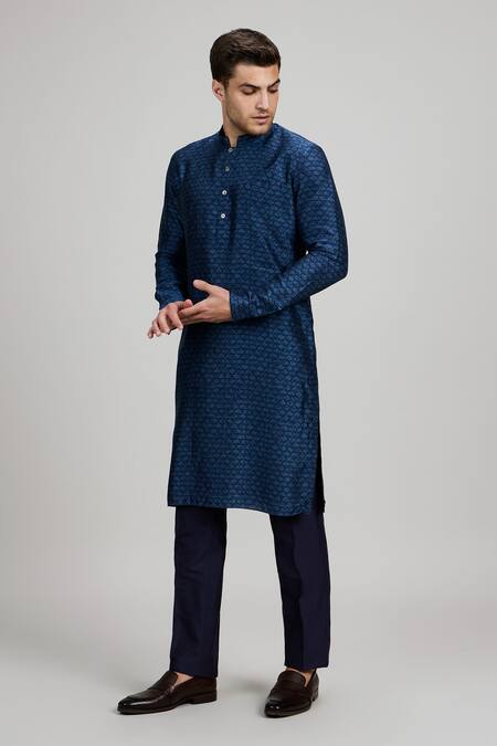 Buy_Bubber Couture_Blue Silk, Cotton Embroidery Teal Dashiki Print Kurta Set _Online_at_Aza_Fashions