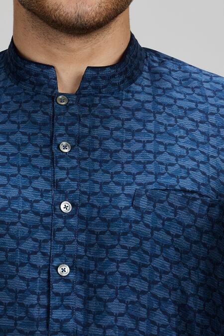 Shop_Bubber Couture_Blue Silk, Cotton Embroidery Teal Dashiki Print Kurta Set _Online_at_Aza_Fashions