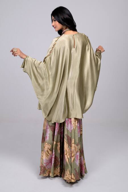 Shop Kelaayah Green Satin, Chiffon Sequins Round Neck Floral Print Kaftan And Palazzo Set at Aza Fashions Shop_Kelaayah_Green Satin, Chiffon Sequins Round Neck Floral Print Kaftan And Palazzo Set_at_Aza_Fashions