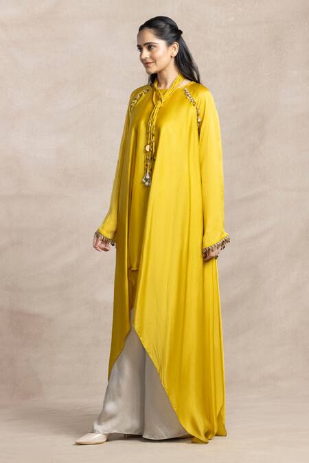 Kelaayah Yellow Organza, Satin Tassels, Sequins Round Asymmetric Kaftan And Palazzo Set Online at Aza Fashions Kelaayah_Yellow Organza, Satin Tassels, Sequins Round Asymmetric Kaftan And Palazzo Set_Online_at_Aza_Fashions